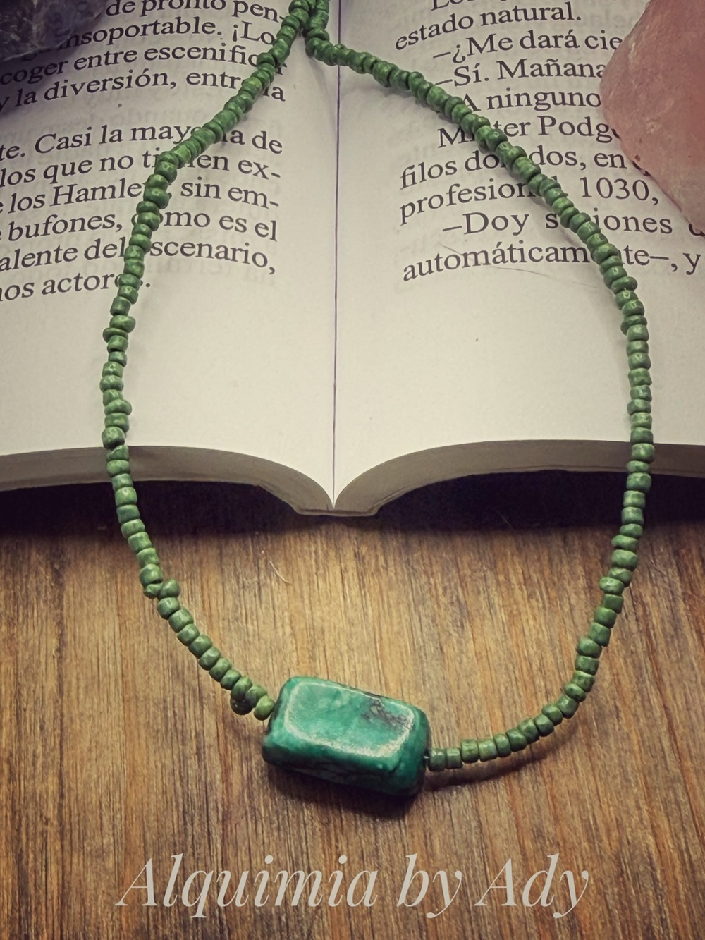 Alquimia Green Bead Necklace with Rectangular Stone